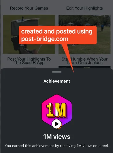Instagram achievement screen showing 1M views on a reel